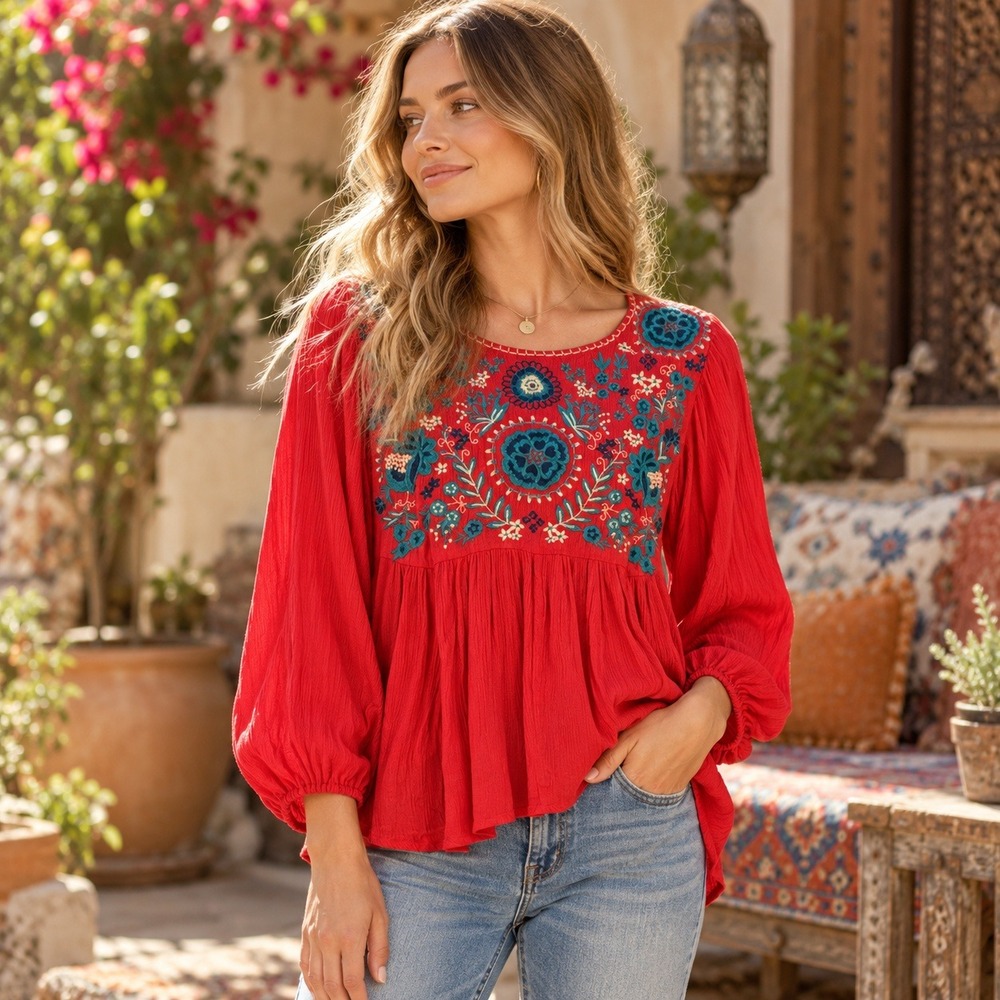 Altar'd State Blouse Womens Embroidered Crinkle Gauze Boho Red Small
